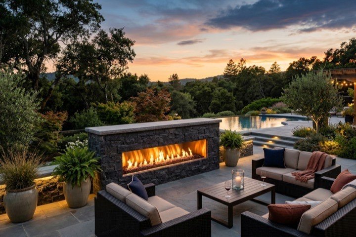 Flare frameless linear gas fireplace on an outdoor patio at dusk